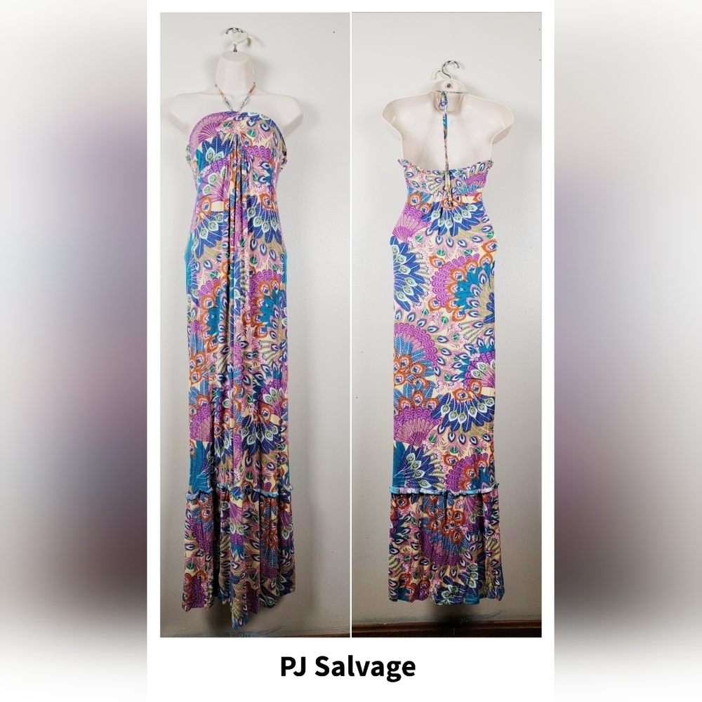 PJ Salvage Purple Paisley Smocked Halter Maxi Sundress Silky Jersy Stretchy Med